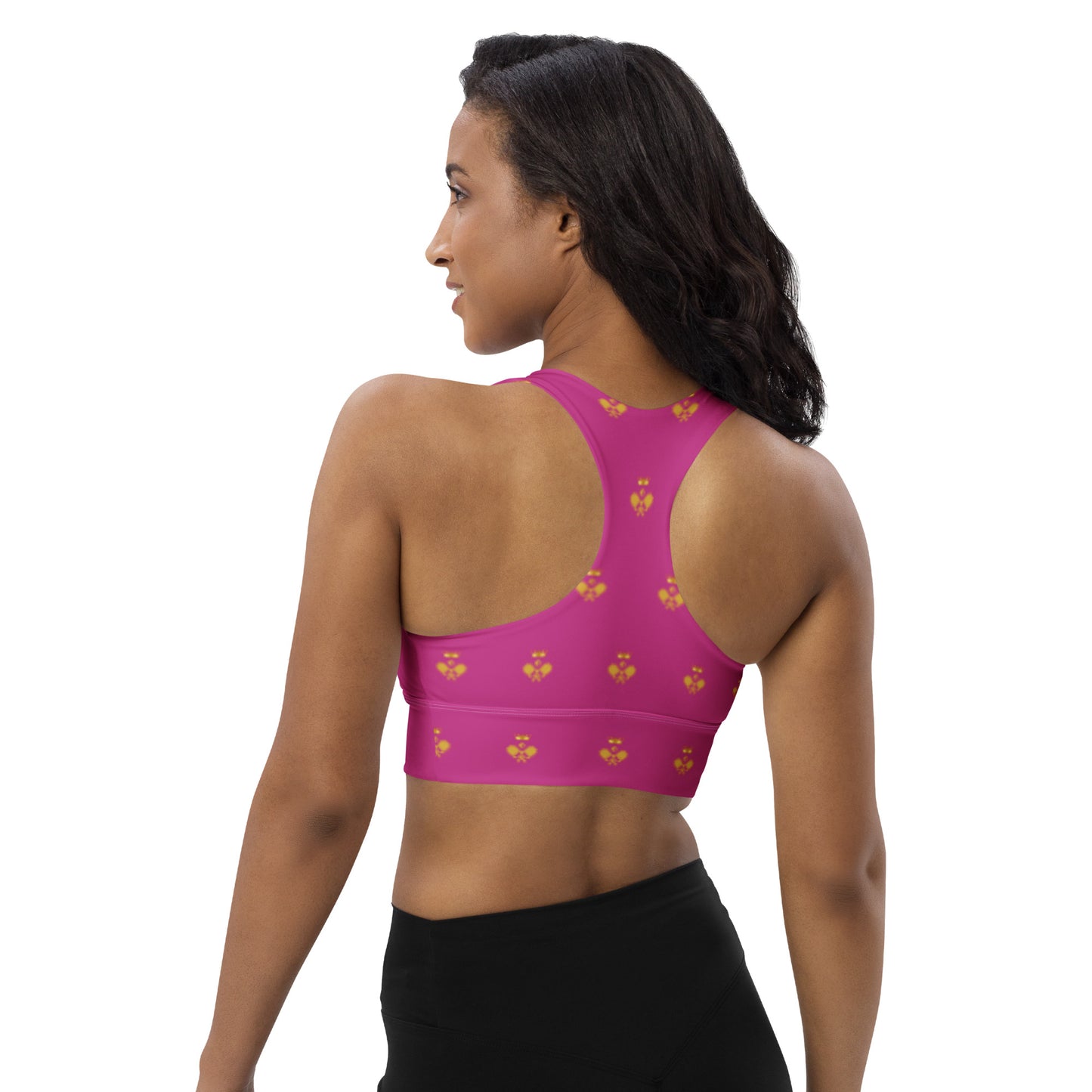 Royal Pickleball Court Courture Longline Sports Bra in Pink with Gold Emblems only in back | Athletic, Stylish, Court-Read