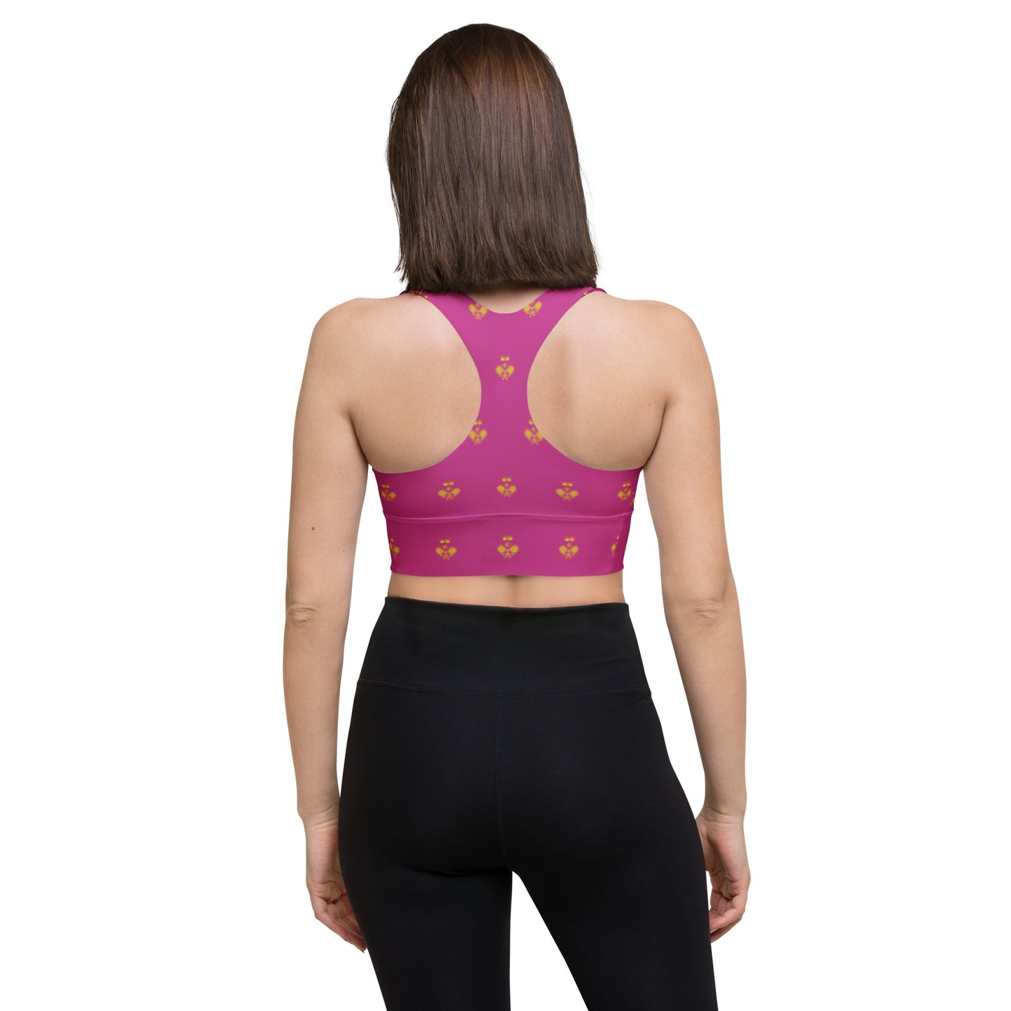 Royal Pickleball Court Courture Longline Sports Bra in Pink with Gold Emblems | Athletic, Stylish, Court-Ready