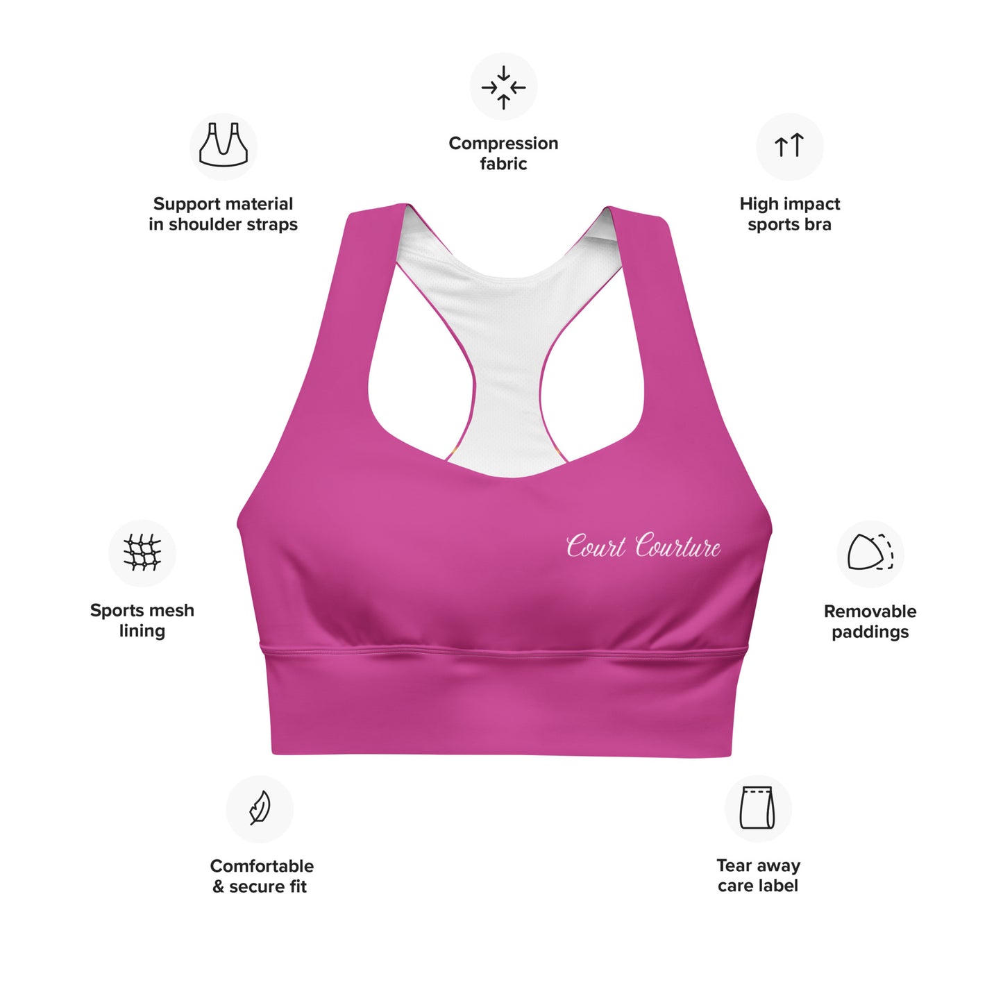 Royal Pickleball Court Courture Longline Sports Bra in Pink with Gold Emblems only in back | Athletic, Stylish, Court-Read