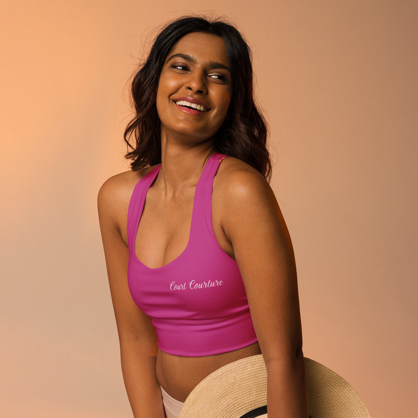 Royal Pickleball Court Courture Longline Sports Bra in Pink with Gold Emblems only in back | Athletic, Stylish, Court-Read
