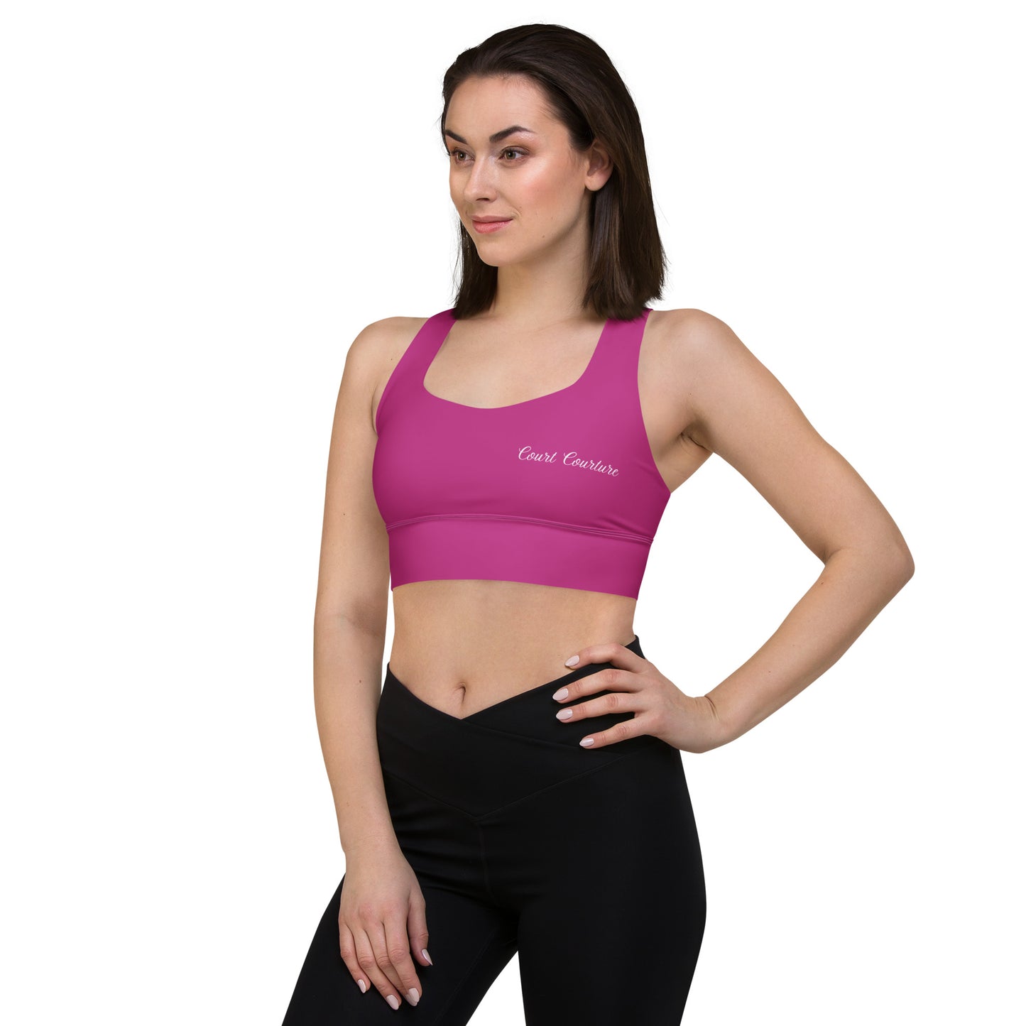 Royal Pickleball Court Courture Longline Sports Bra in Pink with Gold Emblems only in back | Athletic, Stylish, Court-Read
