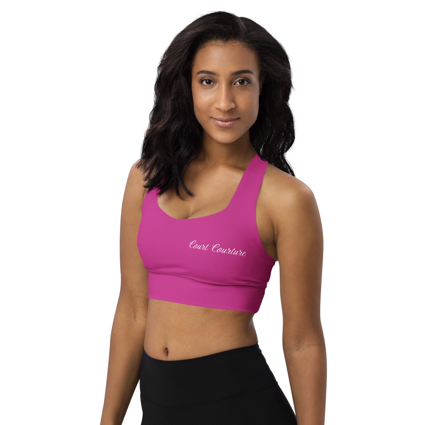 Royal Pickleball Court Courture Longline Sports Bra in Pink with Gold Emblems only in back | Athletic, Stylish, Court-Read
