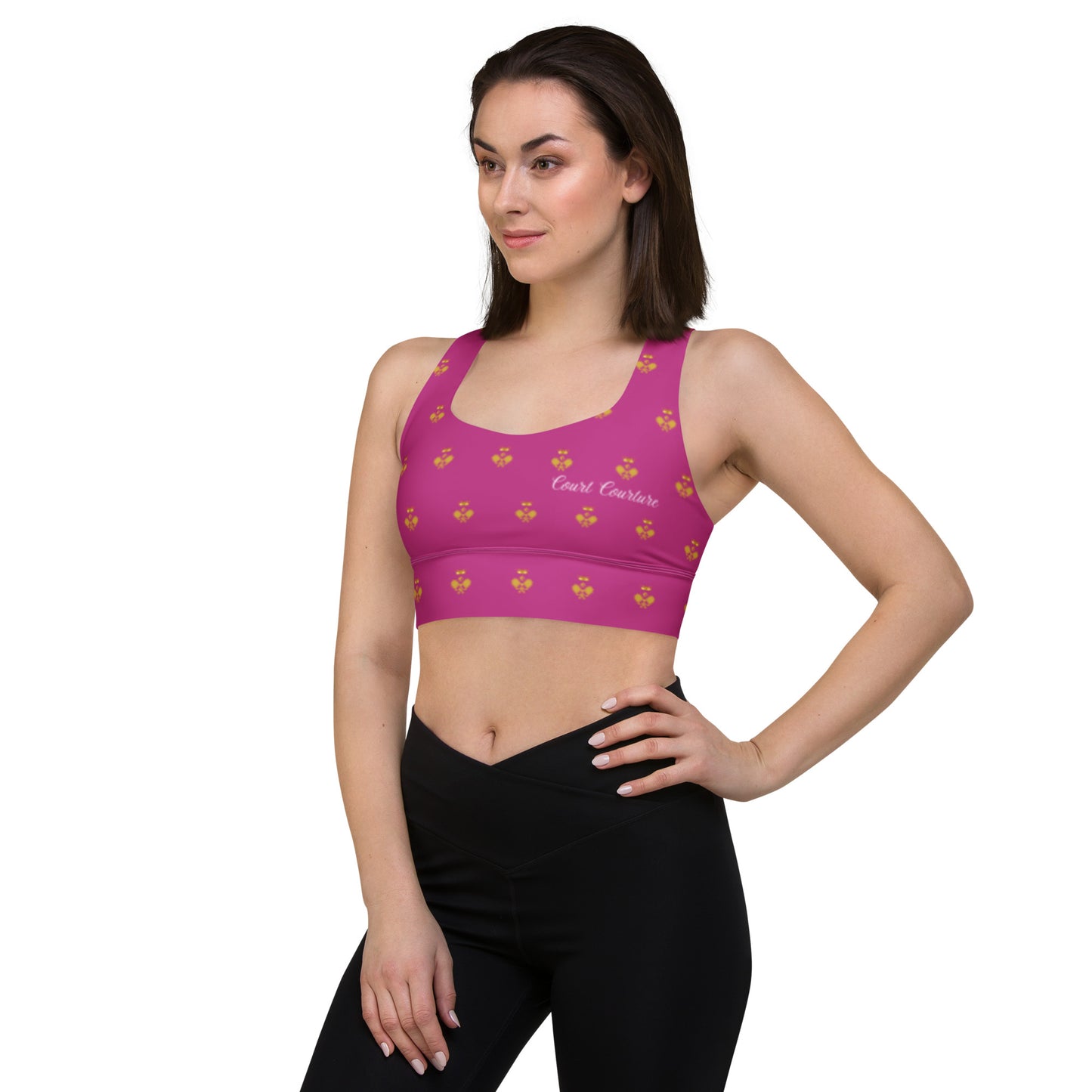 Royal Pickleball Court Courture Longline Sports Bra in Pink with Gold Emblems | Athletic, Stylish, Court-Ready
