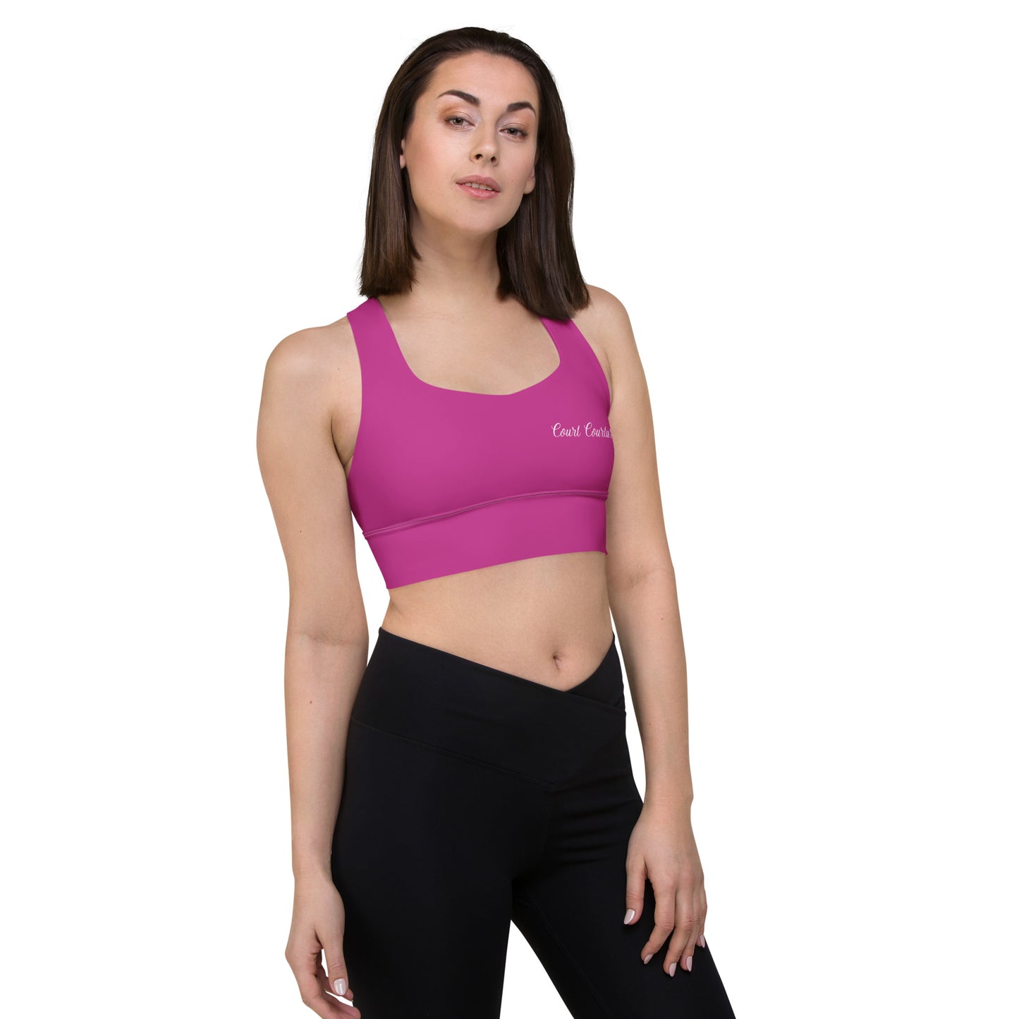 Royal Pickleball Court Courture Longline Sports Bra in Pink with Gold Emblems only in back | Athletic, Stylish, Court-Read