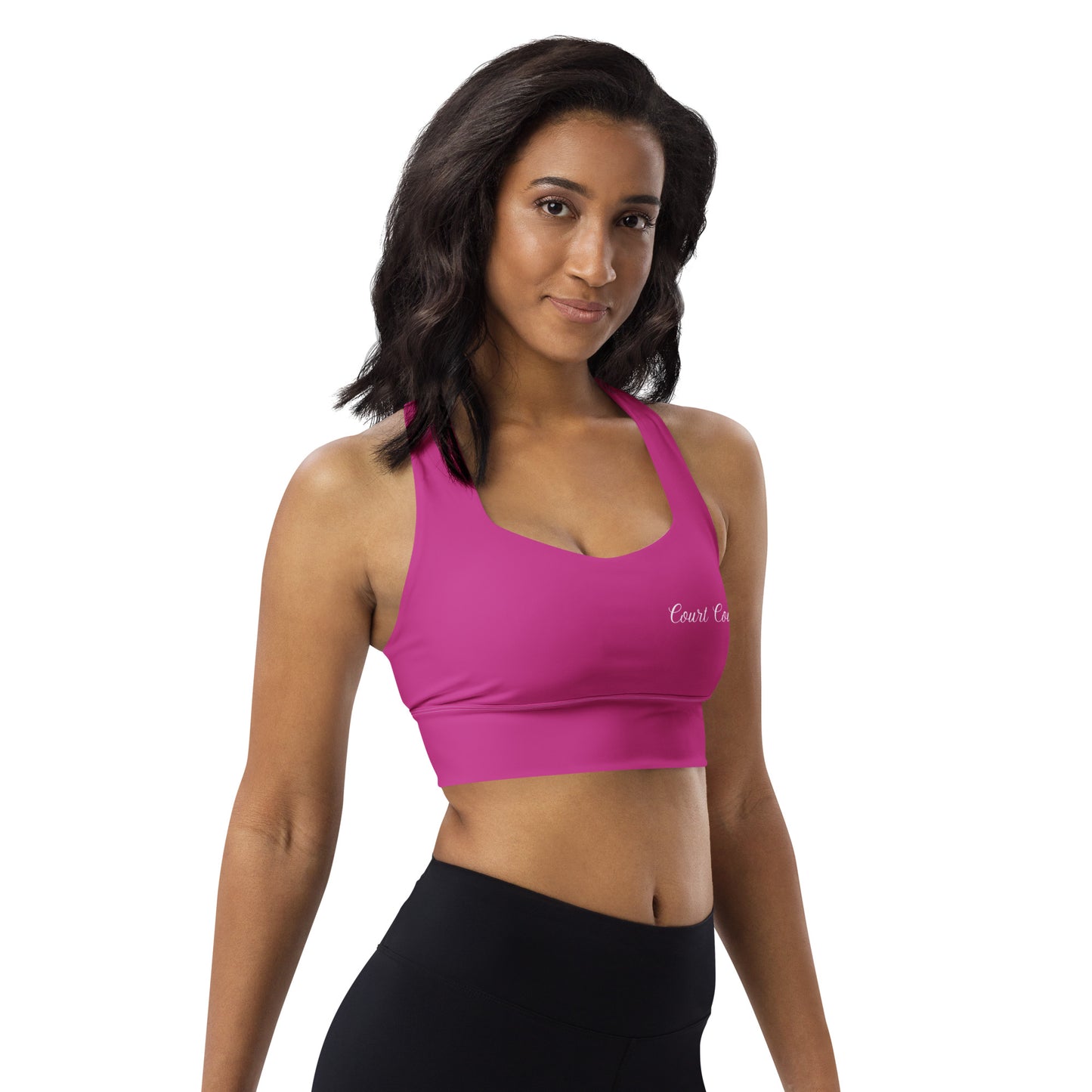 Royal Pickleball Court Courture Longline Sports Bra in Pink with Gold Emblems only in back | Athletic, Stylish, Court-Read