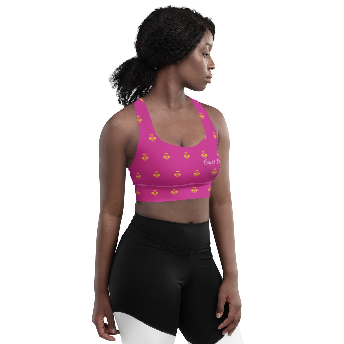 Royal Pickleball Court Courture Longline Sports Bra in Pink with Gold Emblems | Athletic, Stylish, Court-Ready