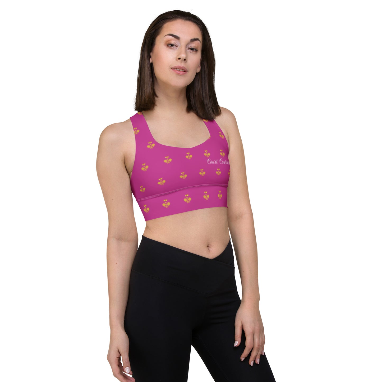 Royal Pickleball Court Courture Longline Sports Bra in Pink with Gold Emblems | Athletic, Stylish, Court-Ready