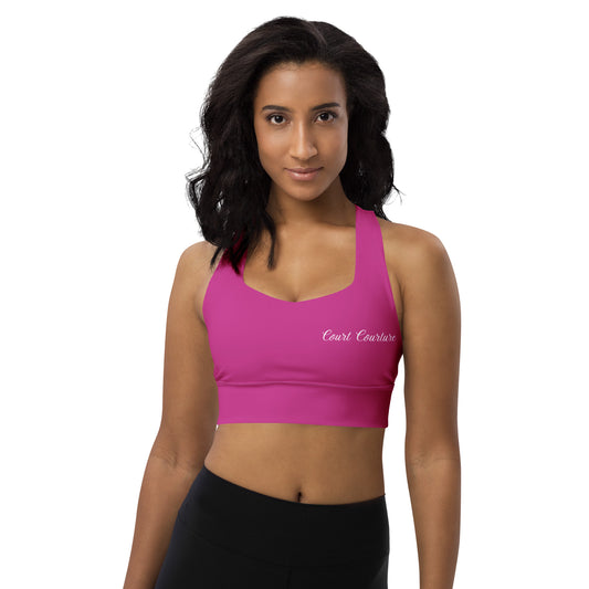 Royal Pickleball Court Courture Longline Sports Bra in Pink with Gold Emblems only in back | Athletic, Stylish, Court-Read