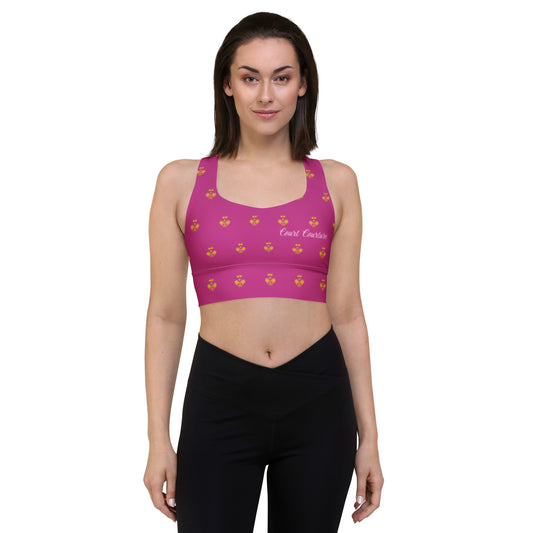 Royal Pickleball Court Courture Longline Sports Bra in Pink with Gold Emblems | Athletic, Stylish, Court-Ready