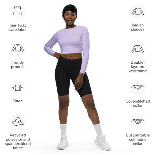 Lilac Regal Pickleball & Crown Emblem Recycled Long-Sleeve Crop Top: Eco-Luxe Athletic Elegance