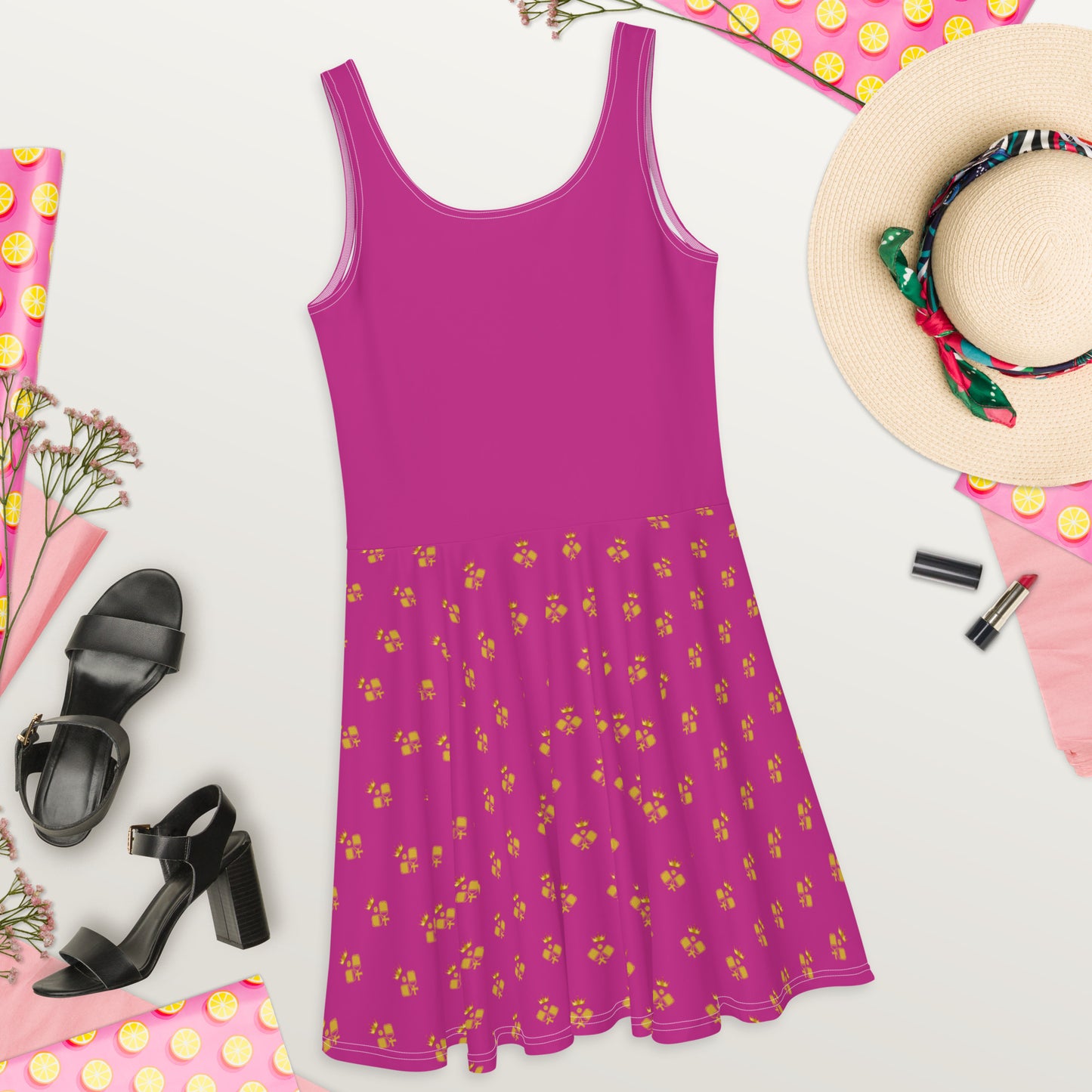 Court Couture Royal Pickleball Embrace: Pink Skater Dress with Gold Emblems | Elegant, Comfortable, Play-Ready