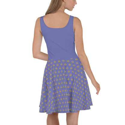 Royal Pickleball Embrace: Blue Purple Skater Dress with Gold Emblems | Elegant, Comfortable, Play-Ready