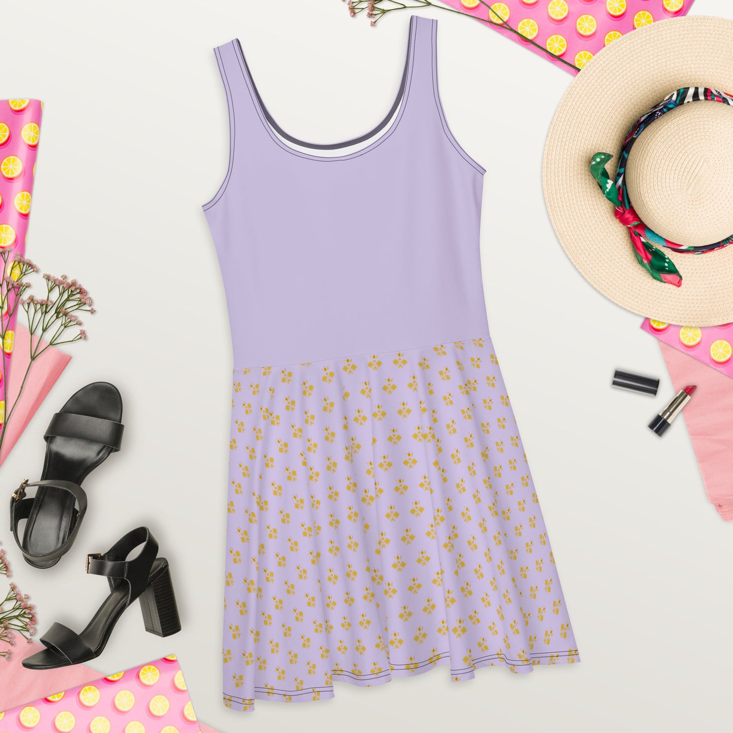 Royal Pickleball Lilac Skater Dress with Gold Emblems | Elegant, Comfortable, Play-Ready
