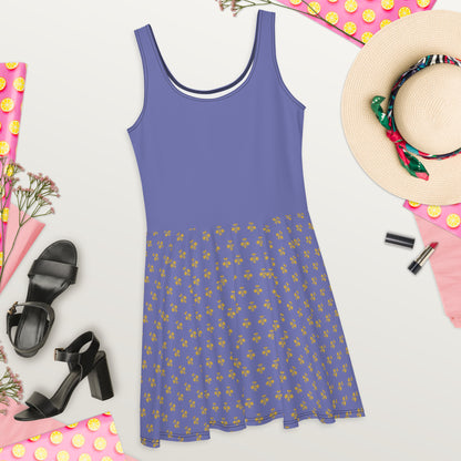 Royal Pickleball Embrace: Blue Purple Skater Dress with Gold Emblems | Elegant, Comfortable, Play-Ready