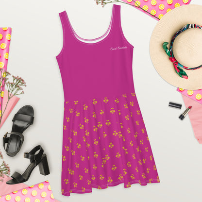 Court Couture Royal Pickleball Embrace: Pink Skater Dress with Gold Emblems | Elegant, Comfortable, Play-Ready