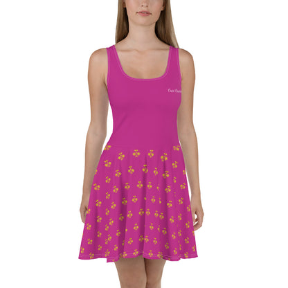 Court Couture Royal Pickleball Embrace: Pink Skater Dress with Gold Emblems | Elegant, Comfortable, Play-Ready