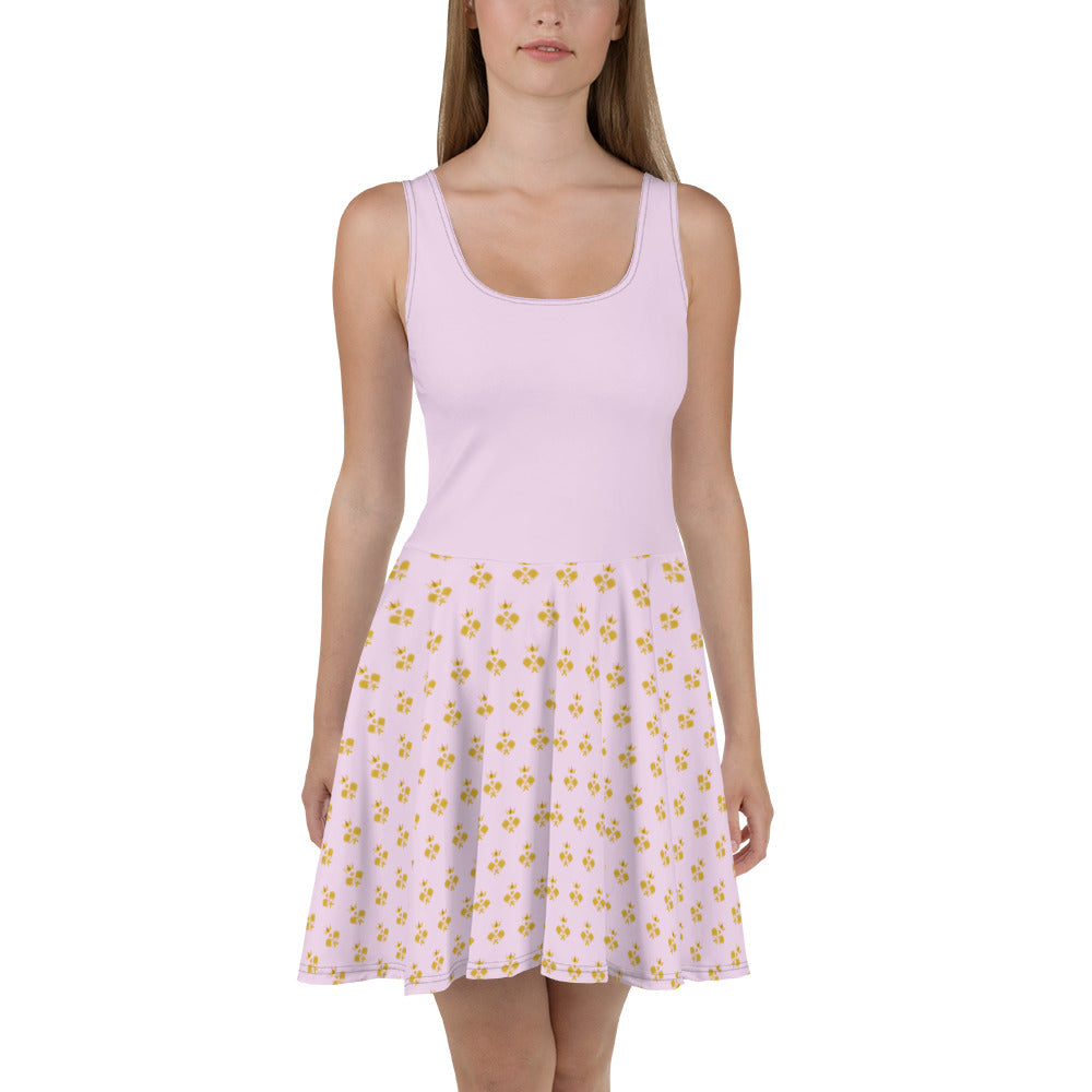 Royal Pickleball Light Pink Skater Dress with Gold Emblems | Elegant, Comfortable, Play-Ready