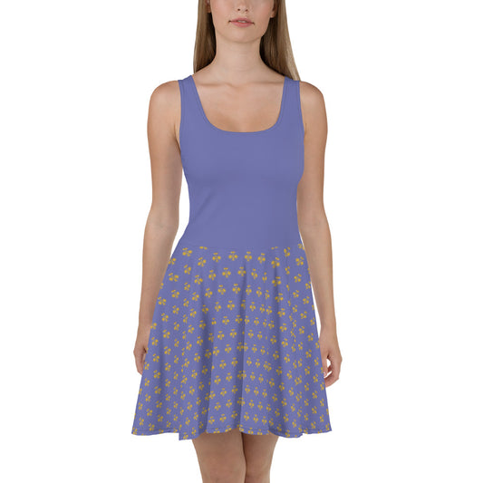 Royal Pickleball Embrace: Blue Purple Skater Dress with Gold Emblems | Elegant, Comfortable, Play-Ready