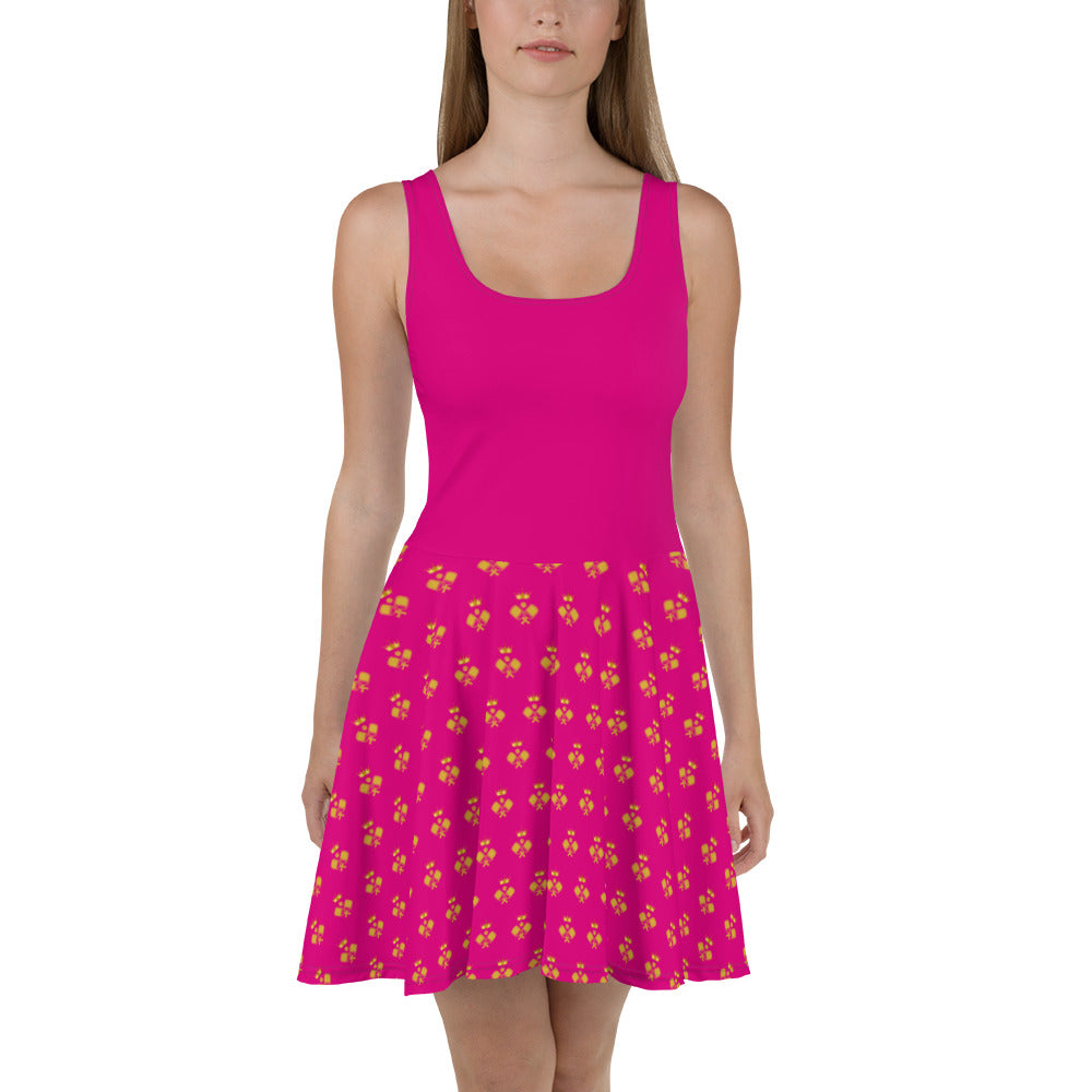 Royal Pickleball Embrace: Pink Skater Dress with Gold Emblems | Elegant, Comfortable, Play-Ready