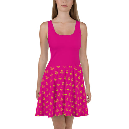 Royal Pickleball Embrace: Pink Skater Dress with Gold Emblems | Elegant, Comfortable, Play-Ready