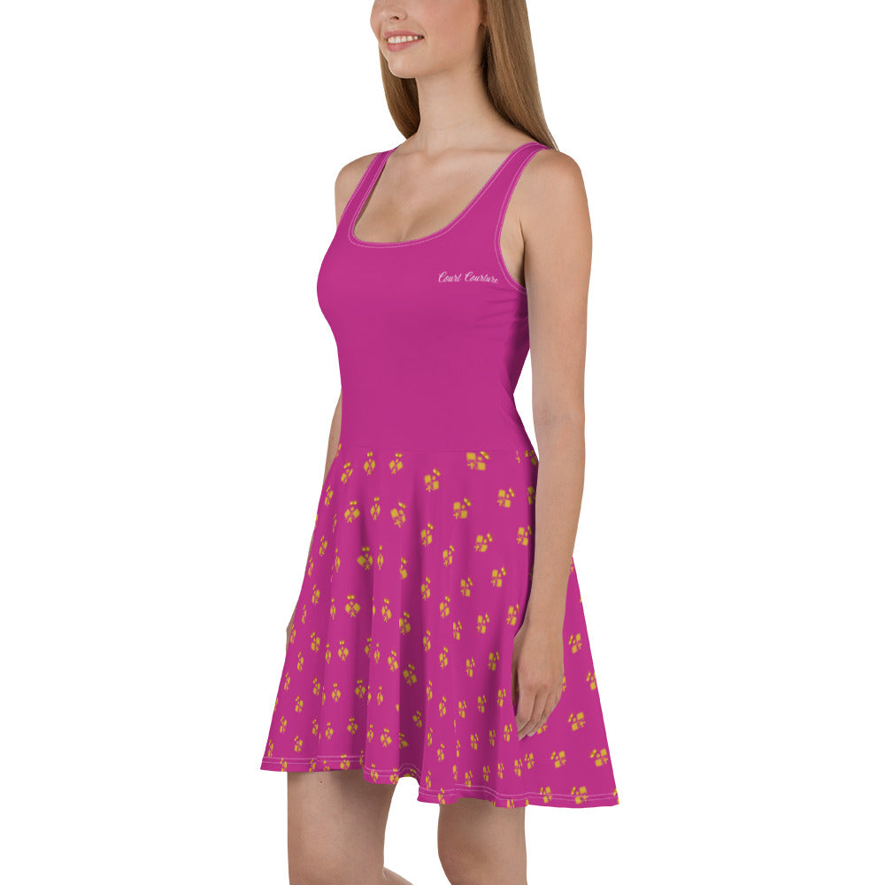 Court Couture Royal Pickleball Embrace: Pink Skater Dress with Gold Emblems | Elegant, Comfortable, Play-Ready
