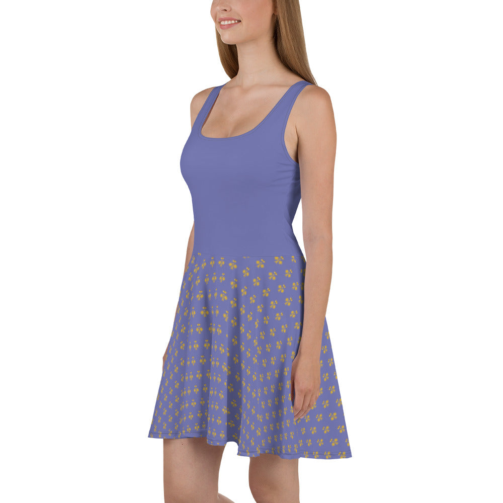 Royal Pickleball Embrace: Blue Purple Skater Dress with Gold Emblems | Elegant, Comfortable, Play-Ready