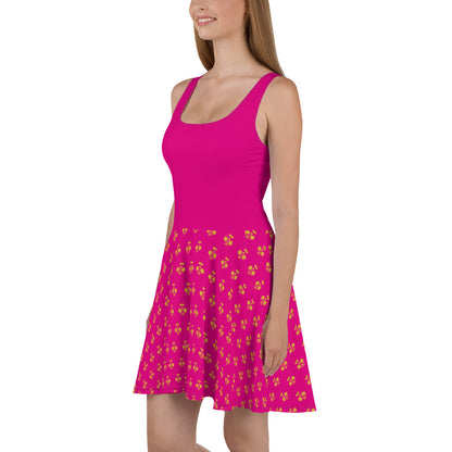 Royal Pickleball Embrace: Pink Skater Dress with Gold Emblems | Elegant, Comfortable, Play-Ready