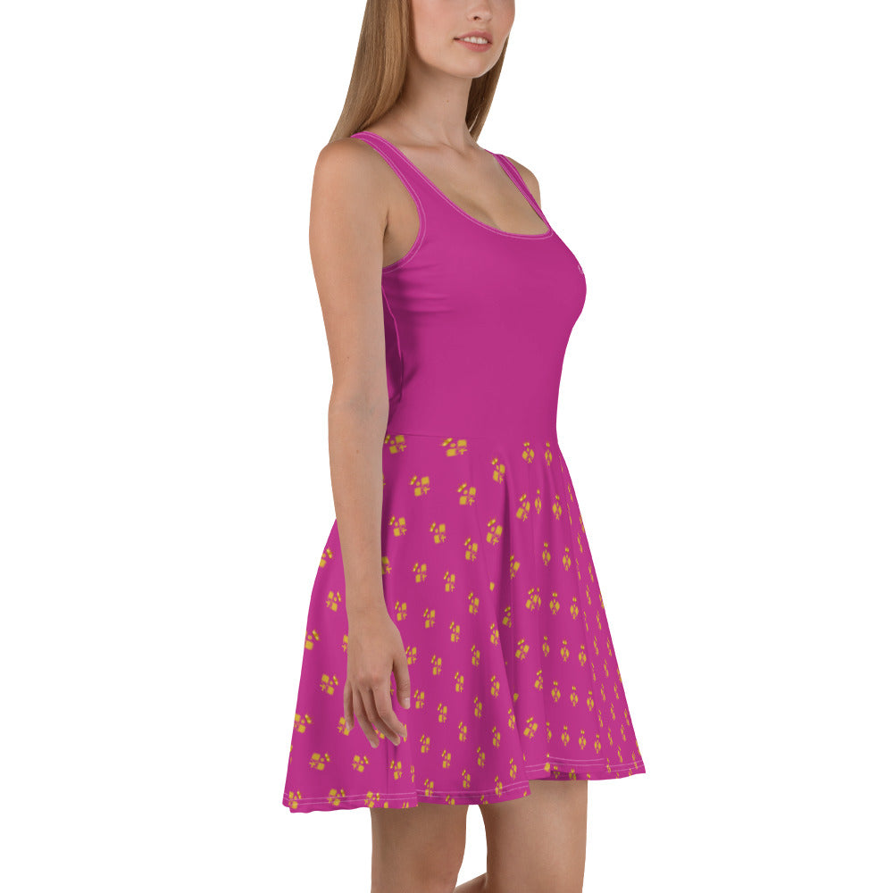 Court Couture Royal Pickleball Embrace: Pink Skater Dress with Gold Emblems | Elegant, Comfortable, Play-Ready