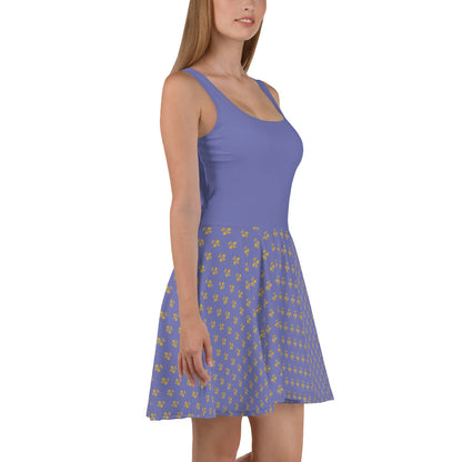 Royal Pickleball Embrace: Blue Purple Skater Dress with Gold Emblems | Elegant, Comfortable, Play-Ready