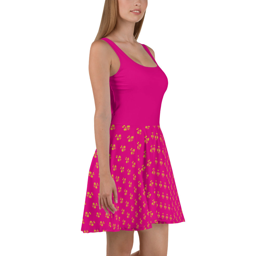 Royal Pickleball Embrace: Pink Skater Dress with Gold Emblems | Elegant, Comfortable, Play-Ready