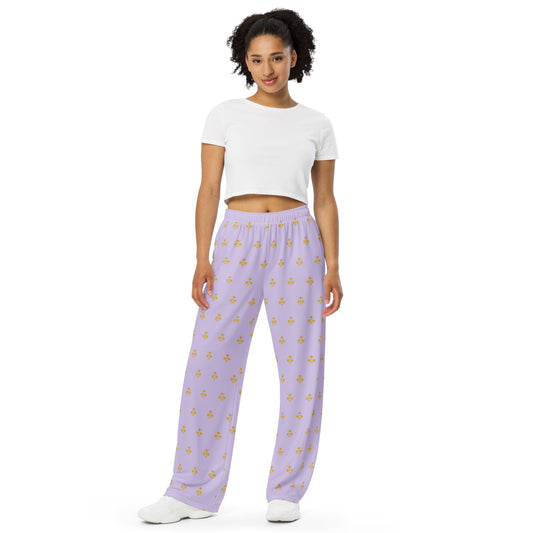 Royal Pickleball Crown Emblem Pajama Wide-Leg Pants in Lilac & Gold