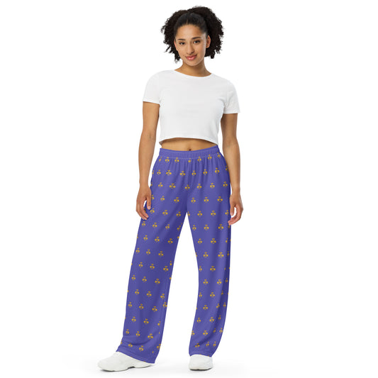 Royal Pickleball Crown Emblem Pajama Wide-Leg Pants in Blue Purple & Gold