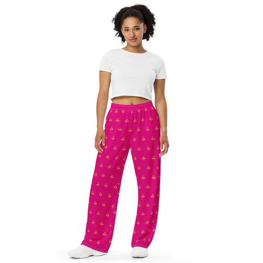 Regal Pickleball Crown Print Pajama Wide-Leg Pants in Pink & Gold Sleepwear