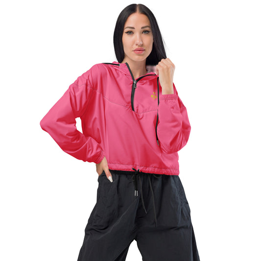 Bubblegum Pink and Gold Pickleball & Crown Emblem Cropped Windbreaker Hoodie Jacket : Outdoor Elegance